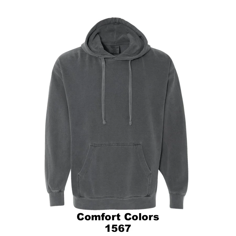 $48 Unisex Garment-Dyed Hooded Sweatshirt Color Shown:  Pepper 
  Spec Sheet  📏