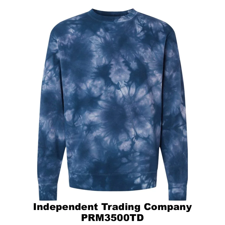 $44 Unisex Midweight Tie-Dyed Crewneck Sweatshirt Color Shown:  Tie Dye Navy 
  Spec Sheet  📏