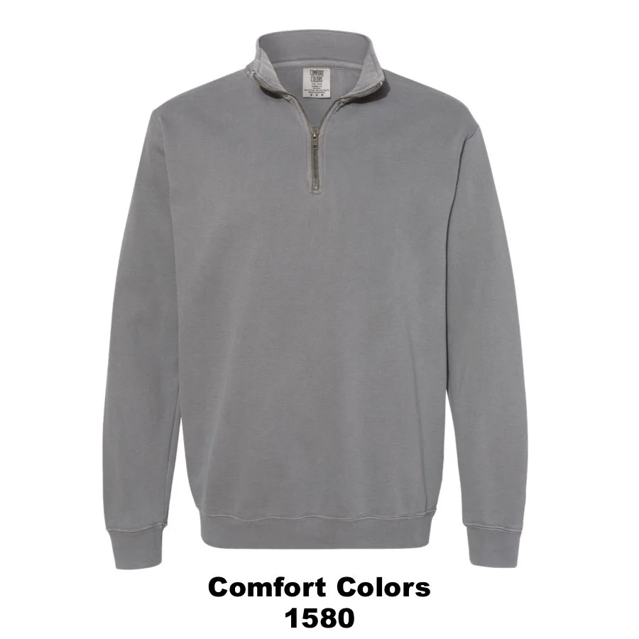 $49 Unisex Garment-Dyed Quarter-Zip Sweatshirt Color Shown:  Grey 
  Spec Sheet  📏