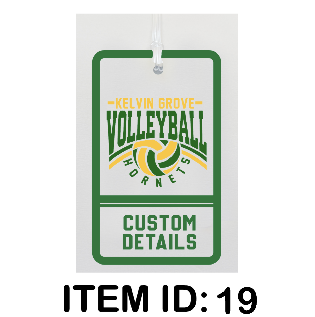 $15. Custom Metal Bag Tag (includes plastic loop for hanging). Single sided, full color (Green & Yellow Gold).