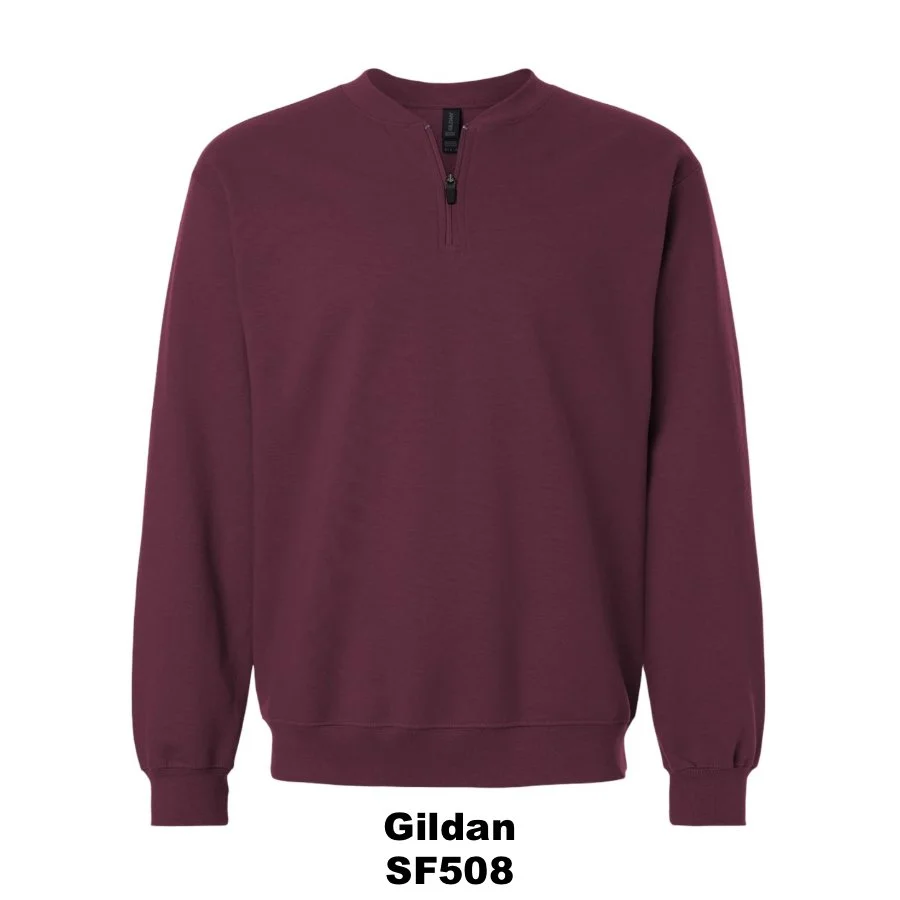 $40 Unisex Softstyle® Midweight 1/4 Zip Sweatshirt Color Shown: Maroon 
  Spec Sheet  📏