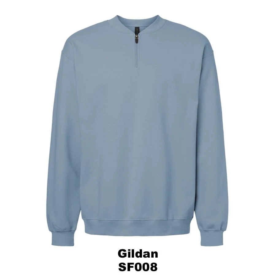 $40 Unisex Softstyle® Midweight 1/4 Zip Sweatshirt Color Shown: Stone Blue 
  Spec Sheet  📏