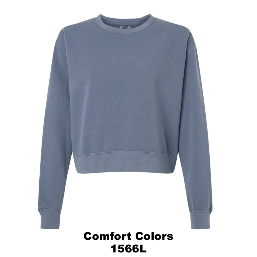 $40 Women's Garment-Dyed Mid-Length Crewneck Sweatshirt Color Shown:  Blue Jean 
  Spec Sheet  📏