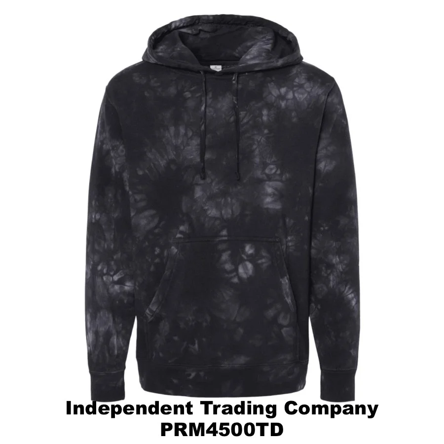 $48 Unisex Midweight Tie-Dyed Hooded Sweatshirt Color Shown: Tie Dye Black 
  Spec Sheet  📏