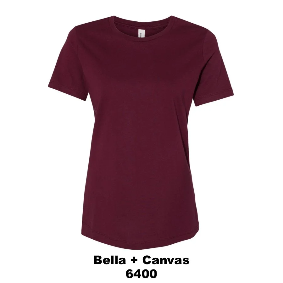 $22 Women’s Relaxed Jersey Tee🌟 Color Shown:  Maroon 
  Spec Sheet  📏
