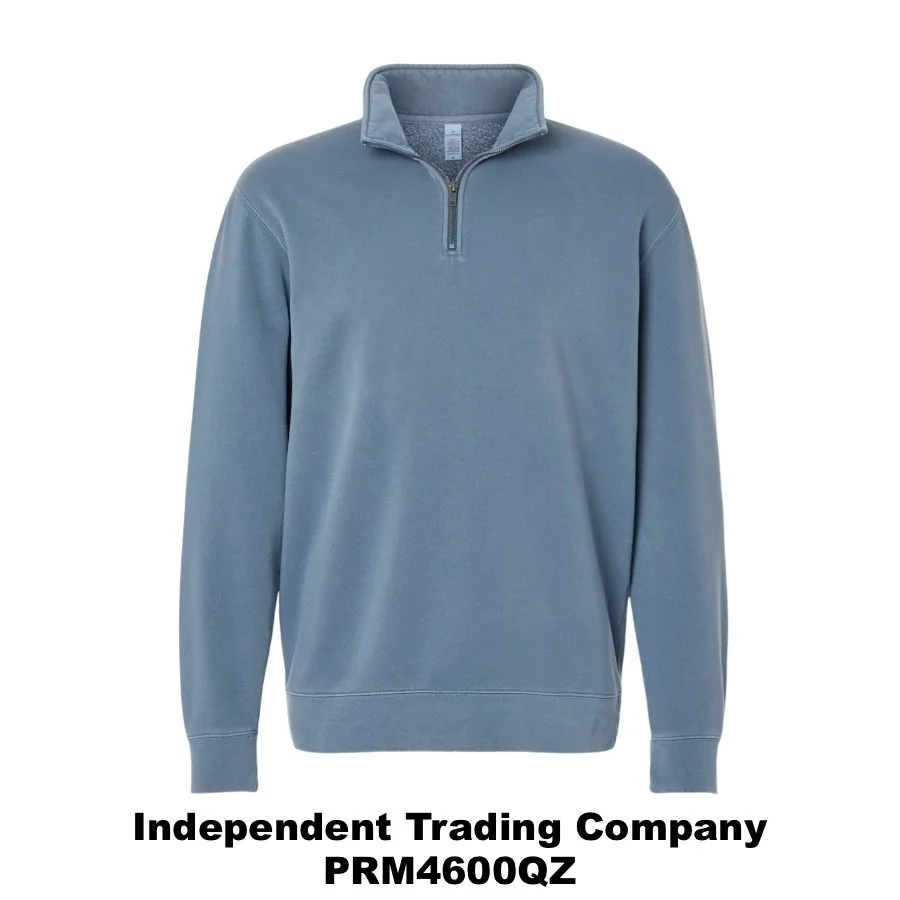 $47 Unisex Pigment-Dyed Quarter-Zip Pullover Color Shown:  Pigment Slate Blue 
  Spec Sheet  📏