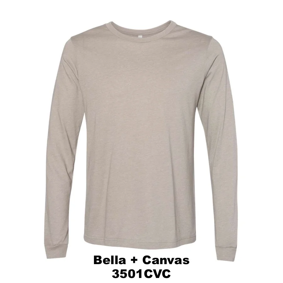 $25 Heather CVC Long Sleeve Tee Color Shown:  Heather Stone 
  Spec Sheet  📏