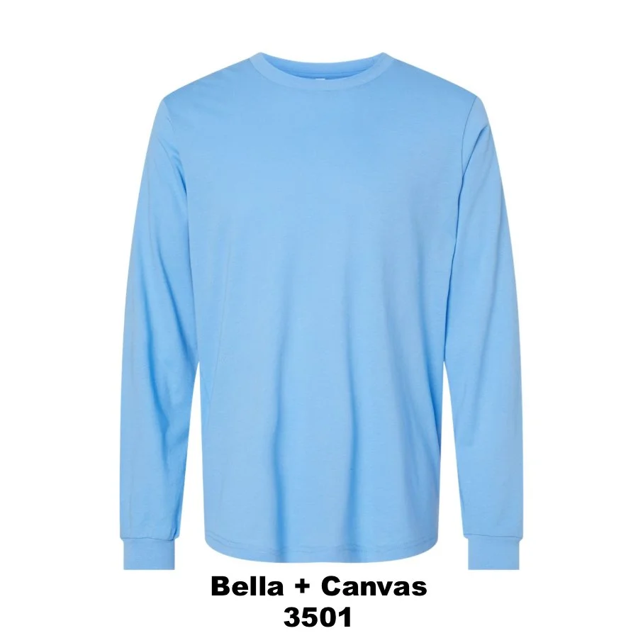 $25 Unisex Jersey Long Sleeve Tee Color Shown:  Carolina Blue 
  Spec Sheet  📏