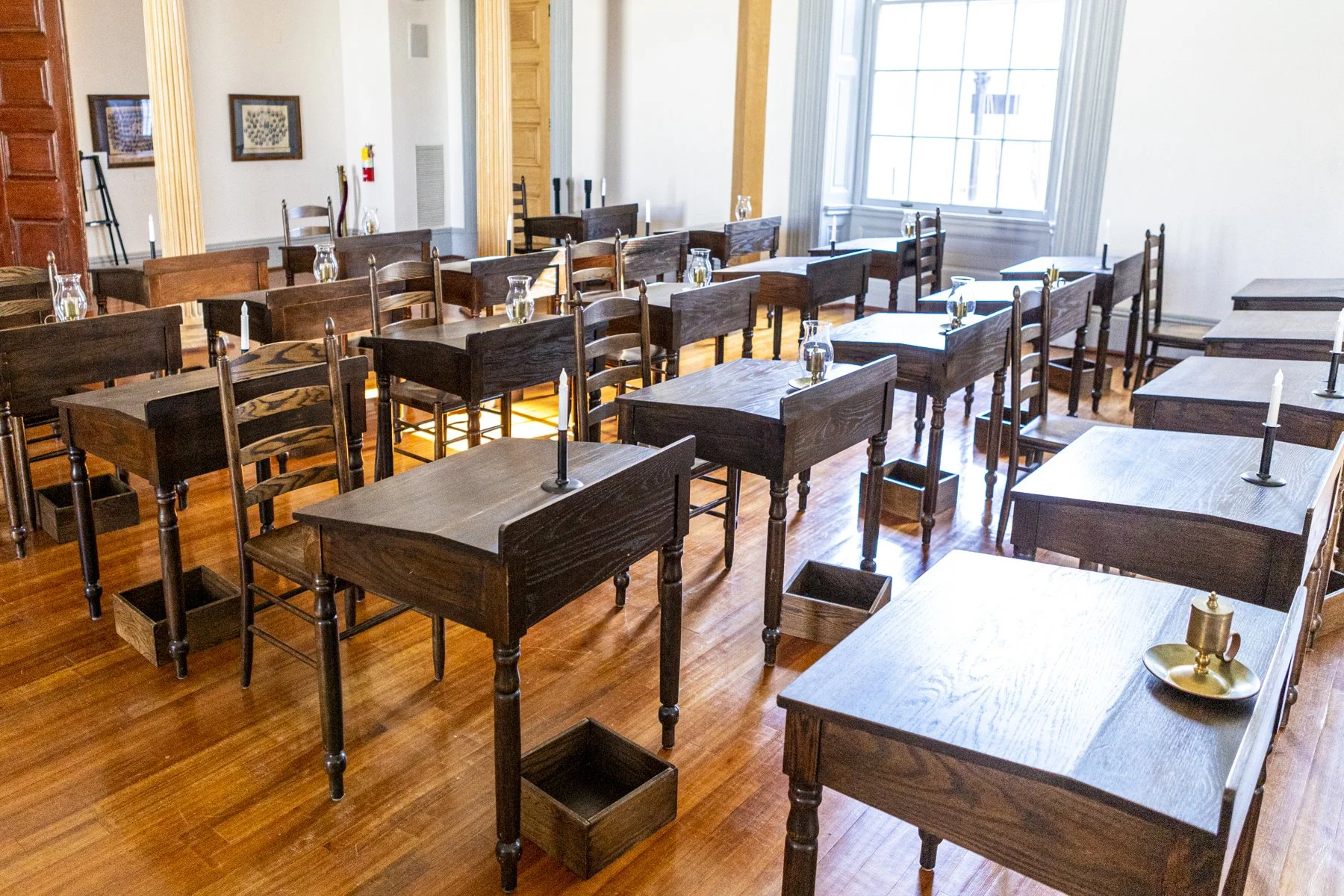 Desks in the 1836 House Chamber.