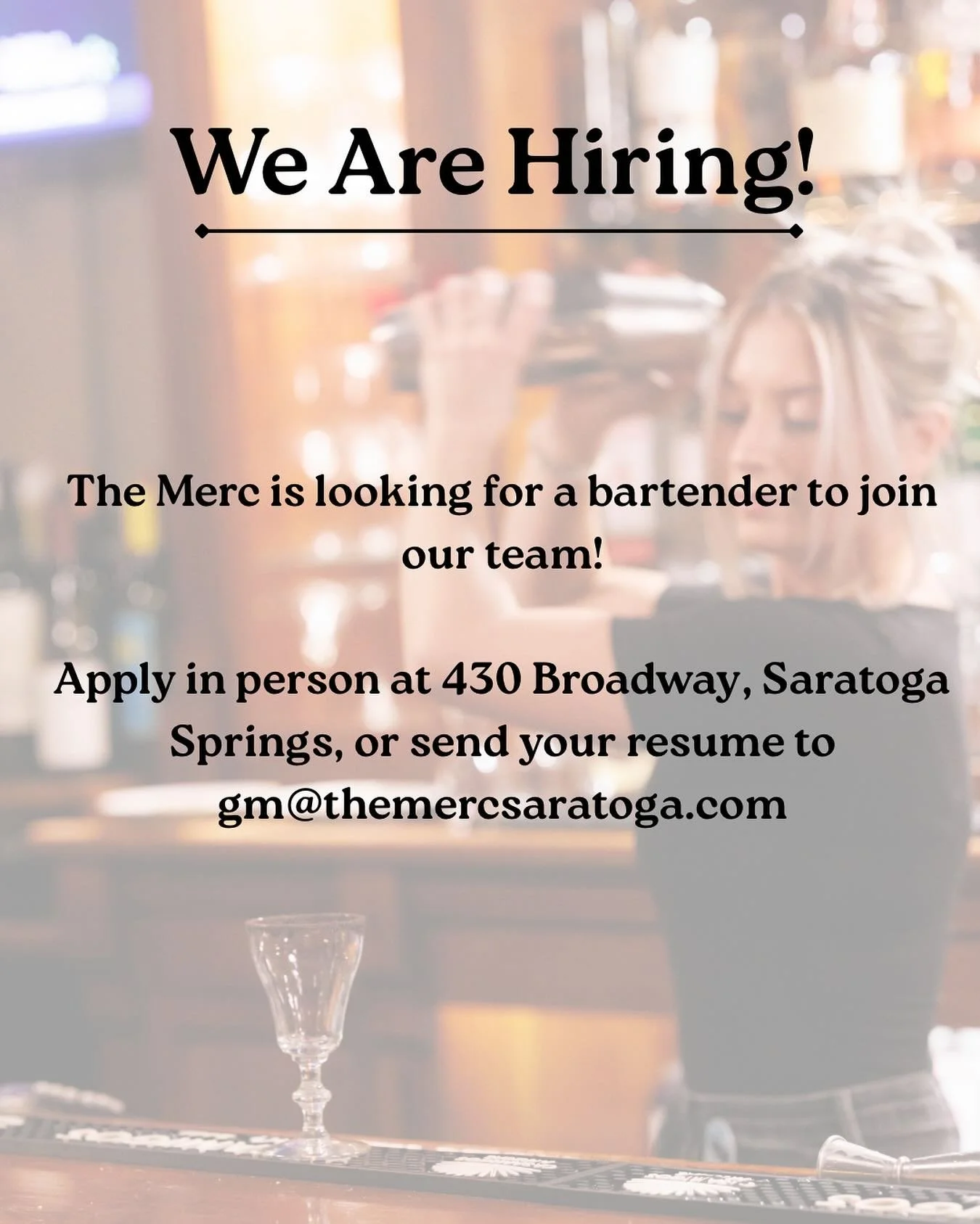 If you&rsquo;re looking for a fast paced, fun, &amp; lucrative bartending position, we&rsquo;re calling your name! Stop by The Merc or send your resume to gm@themercsaratoga.com
.
.

 #themerc #themercsaratoga #downtownsaratoga #broadwaysaratoga #sar