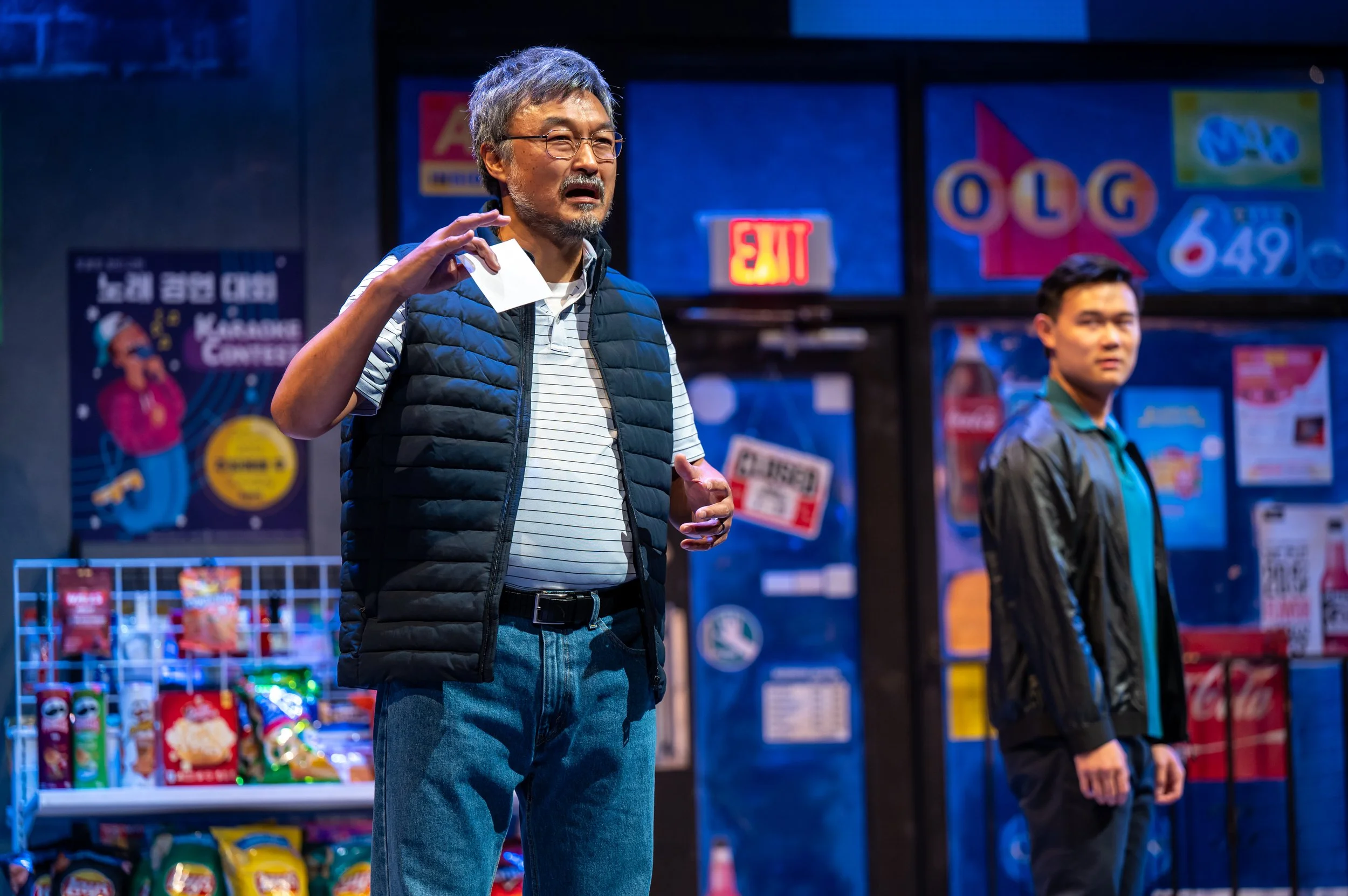 Kim's Convenience - Jung Kim, Pictured: Ins Choi - Appa (left), Directed by: Esther Jun, Set and Costume Design: Julia Kim, Lighting Design: Jareth Li, Photo by: Dahlia Katz