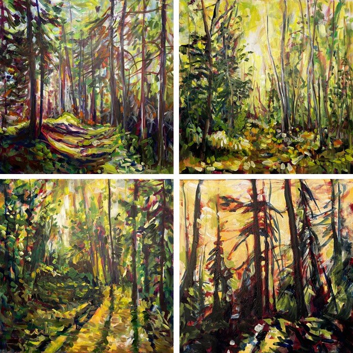 Symbols in my painting? Yes, there are themes and common elements. I typically portray of forests and trails using light and colour. I love the forest &ndash; it&rsquo;s my happy place. I want to bring you deeper to explore the woods, or unknown. As 