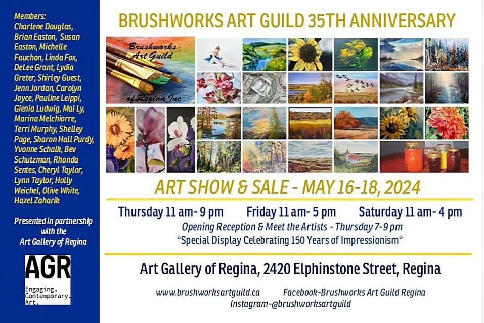 Brushworks Art Guild Show and Sale
.
More of my art will be displayed with the fabulous group&hellip;
.
Art Gallery of Regina (Neil Balkwill Civic Arts Centre)
Thursday, May 16 : 11-9
Friday, May 17:  11-5
Saturday, May 18: 11-4
&mdash;
&mdash;
#art 
