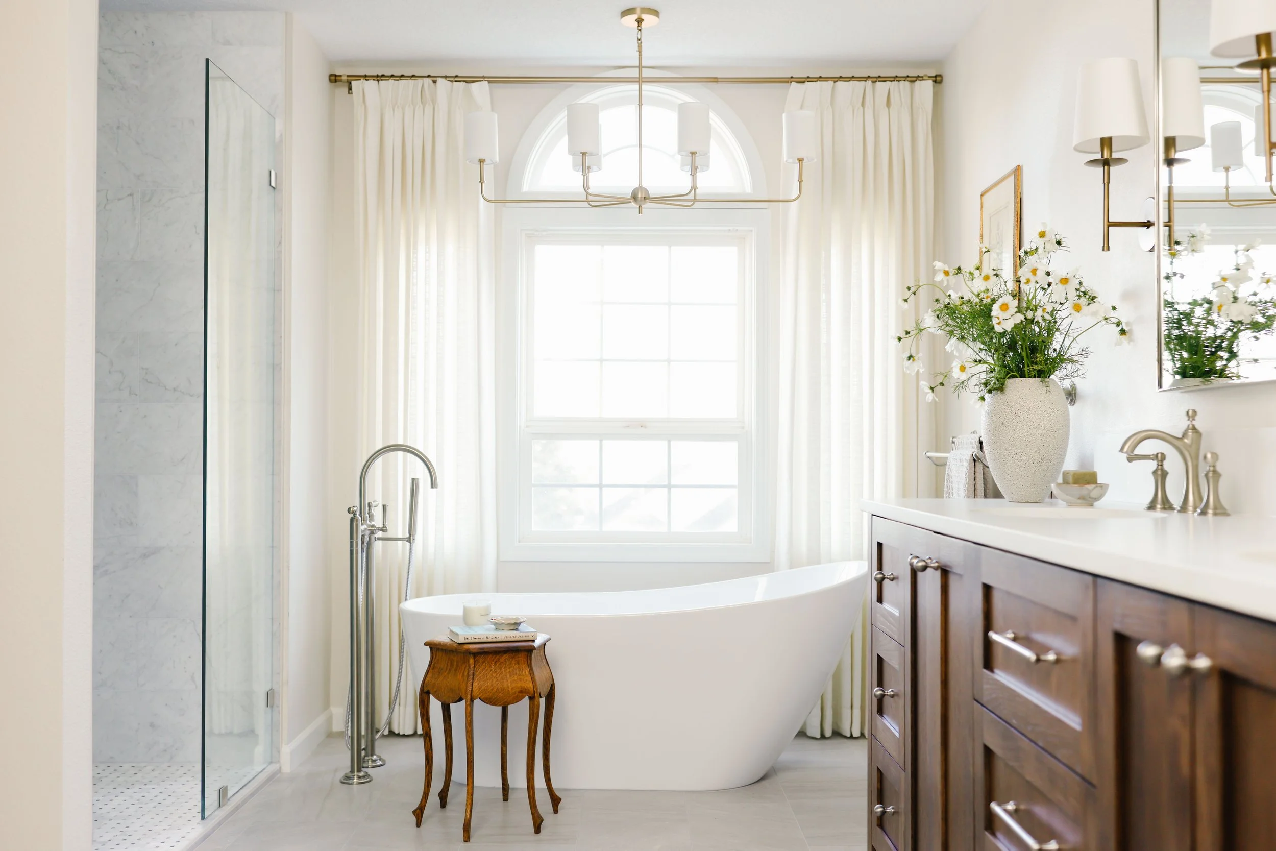 Primary bathroom remodel with tiled walk-in shower at Ashley Kiely Living's Rosepark Drive project in West Linn, Oregon.