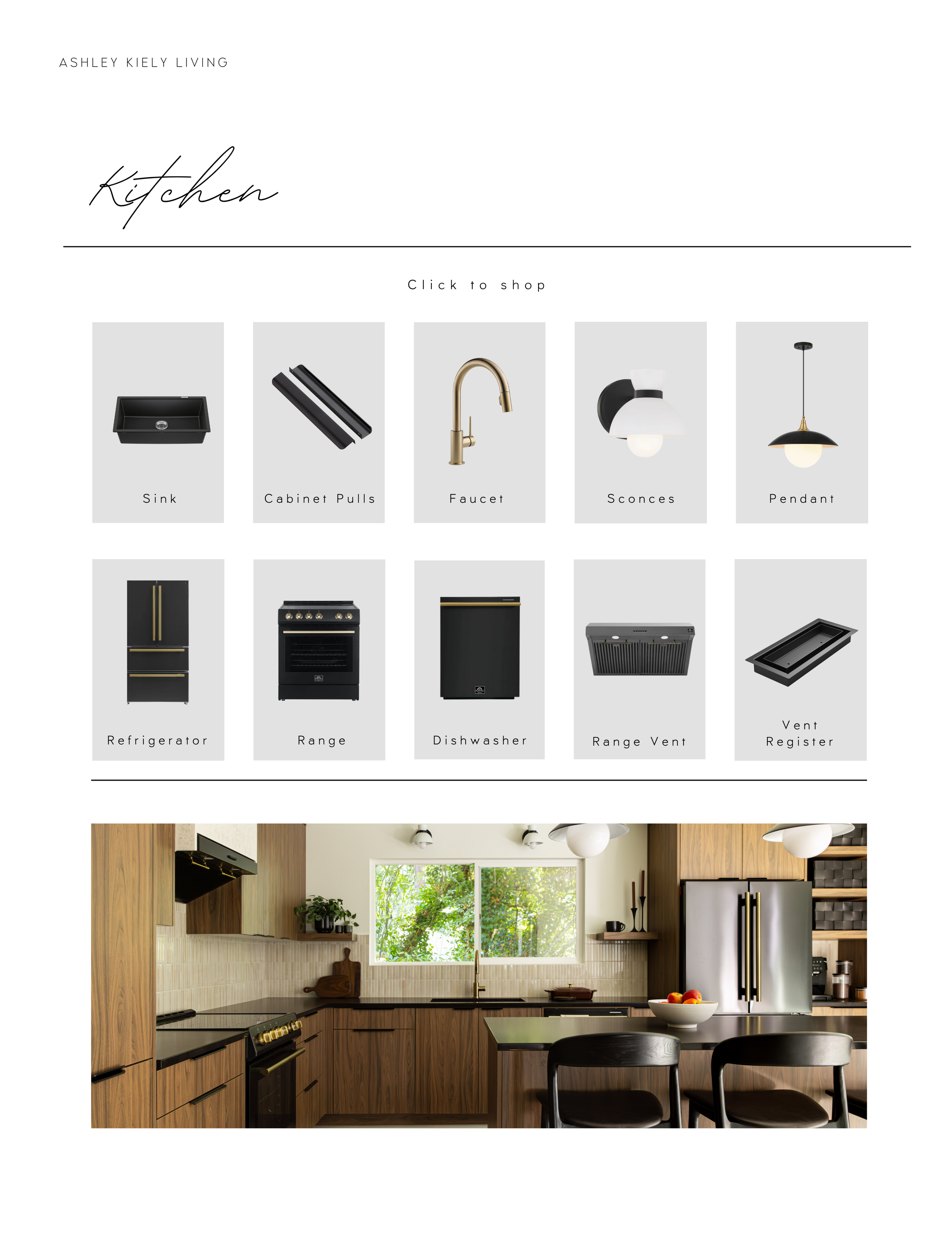 Canyon Lane kitchen sourcing page with appliances, lighting, fixtures and hardware