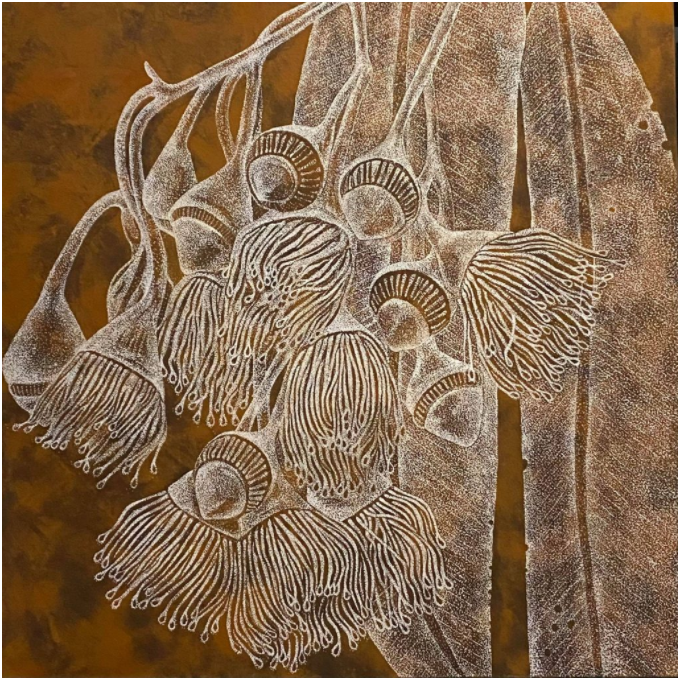 Flowering Gumnuts Limited edition printA highly detailed traditional dot painting from the Desert Wildflower Series.