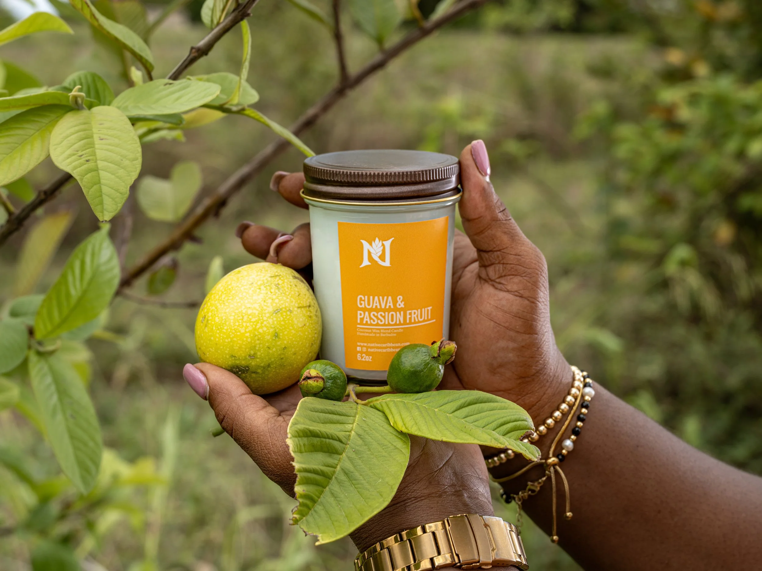 An advertisement featuring hands holding a premium scented candle in a tropical fruit grove.