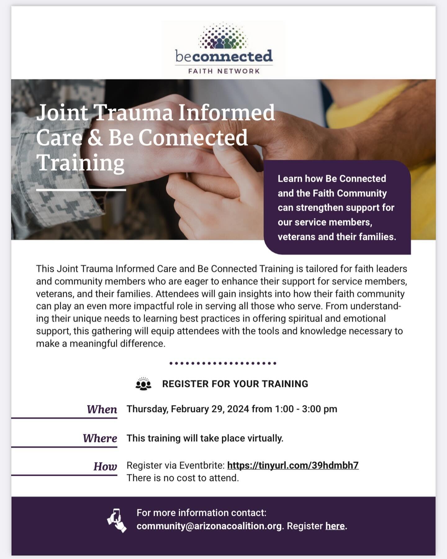 There will be another joint training with Arizona Coalition for Military Families for Be Connected Navigator and trauma informed care on February 29, 1-3 pm (AZ time, virtual). Please join us! 
Free registration: https://www.eventbrite.com/e/trauma-i