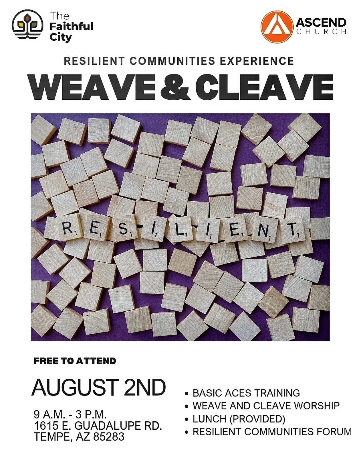 The Faithful City and Ascend Church host a day of &ldquo;Resilient Communities Experience,&rdquo; Saturday, August 2nd. 
There&rsquo;ll be ACEs basic Training, Trauma-informed Worship and Fellowship, and Resilient Communities Forum. 
Please join us f