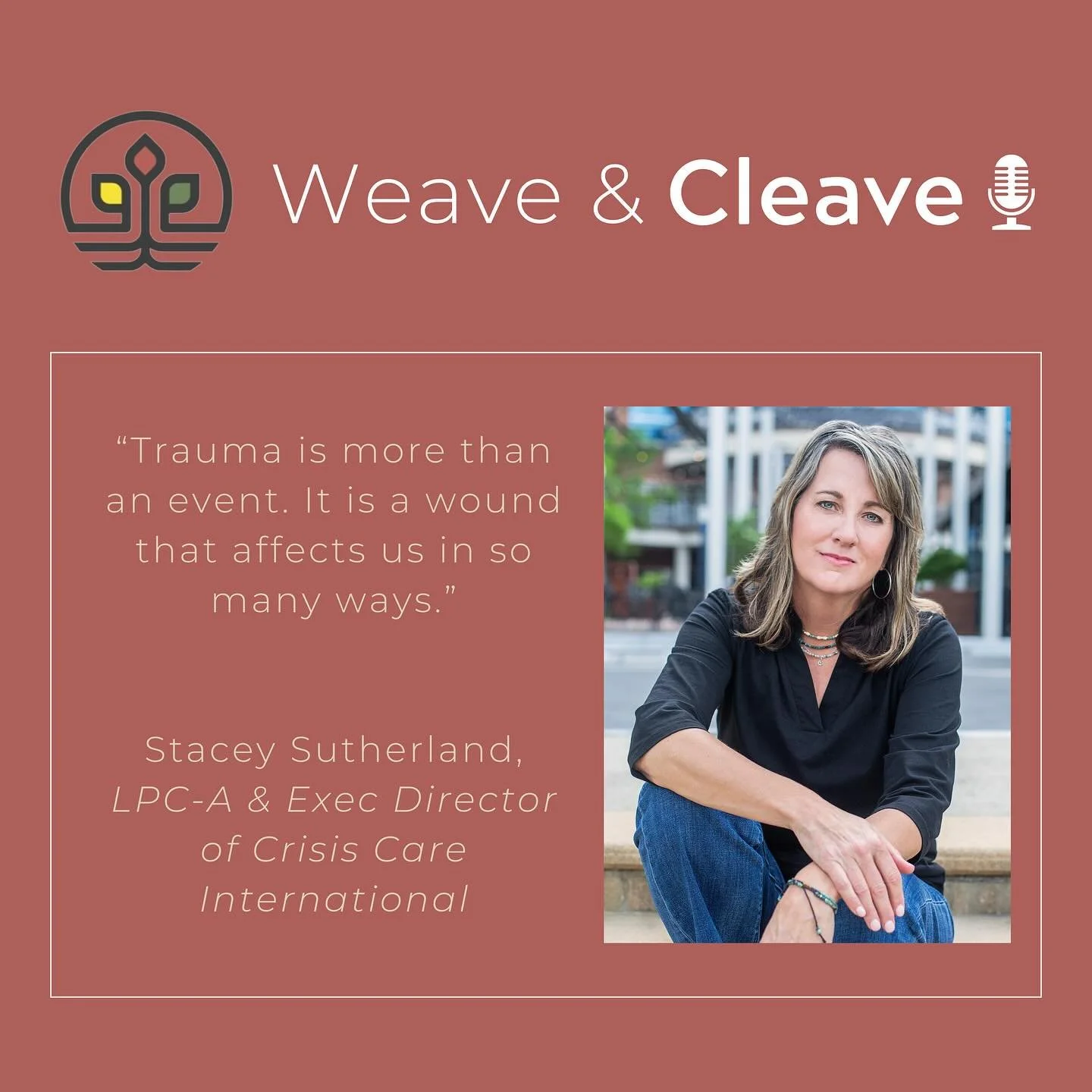 Weave &amp; Cleave Podcast (The Faithful City)
Weaving Voices of Resilience and Belonging
Michelle Stiffler and Sanghoon Yoo

Season 4 Episode 13: 
Trauma is a Wound: An Interview with Stacey Sutherland

Spreaker
https://www.spreaker.com/episode/trau