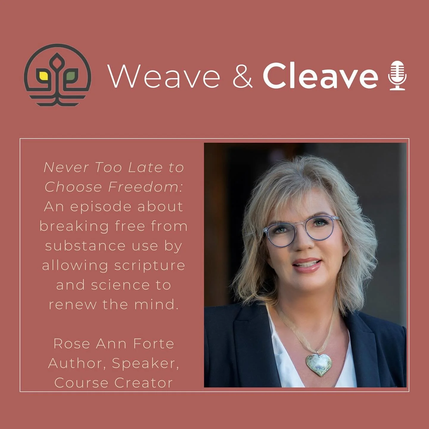 Weave &amp; Cleave Podcast (The Faithful City)
Weaving Voices of Resilience and Belonging
Michelle Stiffler and Sanghoon Yoo

Season 4 Episode 17
Never Too Late to Choose Freedom: An Interview with Rose Ann Forte

Spreaker
https://www.spreaker.com/ep