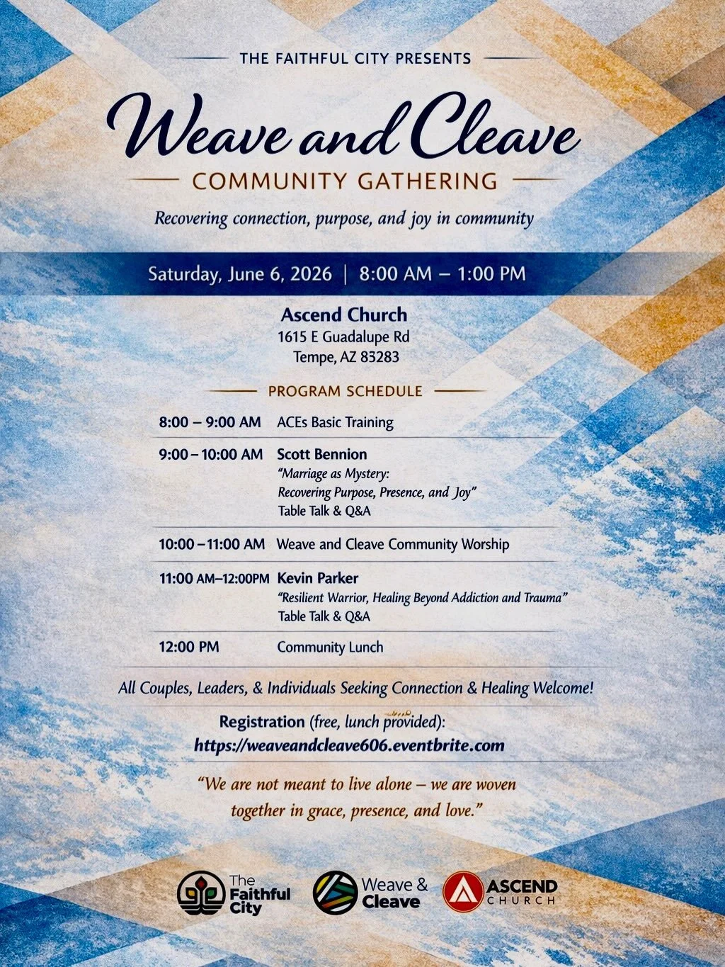 Come hang out in person with fellow resilient Christ followers at the Weave and Cleave Community Gathering, which consists of ACEs Basic Training, Trauma-Informed Worship, Guest Speakers (Dr. Scott Bennion, Kevin Parker), and group discussion, follow