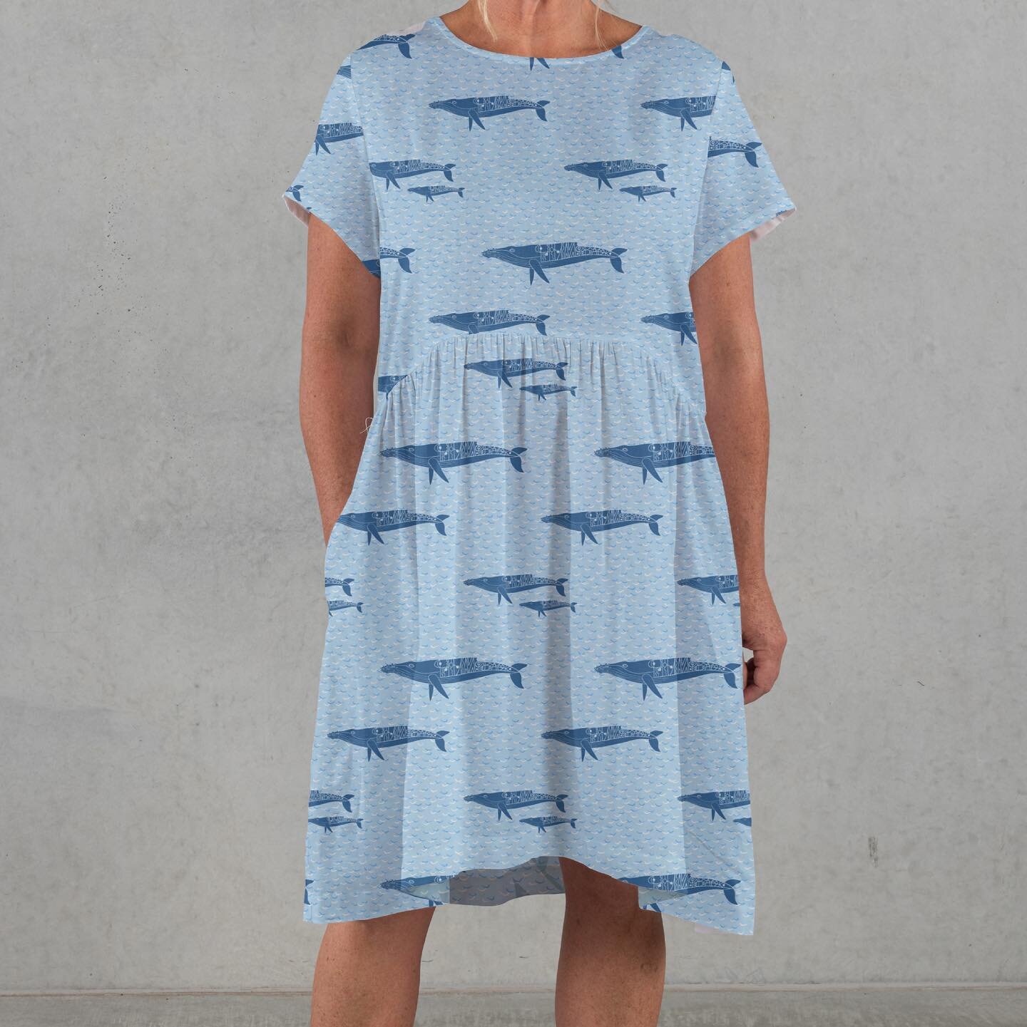 Baby blue whales migrating fabric by inkmo, available on Spoonflower. Link in bio. Who wouldn't want a cotton summer dress out of this?