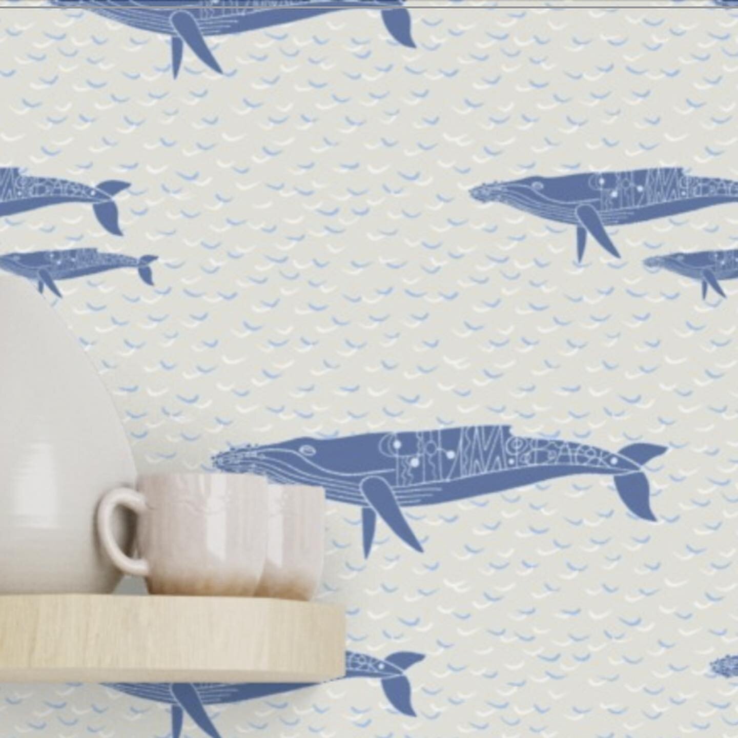 inkmo wallpaper in sand whales migrating and navy dolphins. Available in 4 types of wallpaper including Grasscloth and currently up to 25% off @spoonflower/inkmo Link to my shop in bio