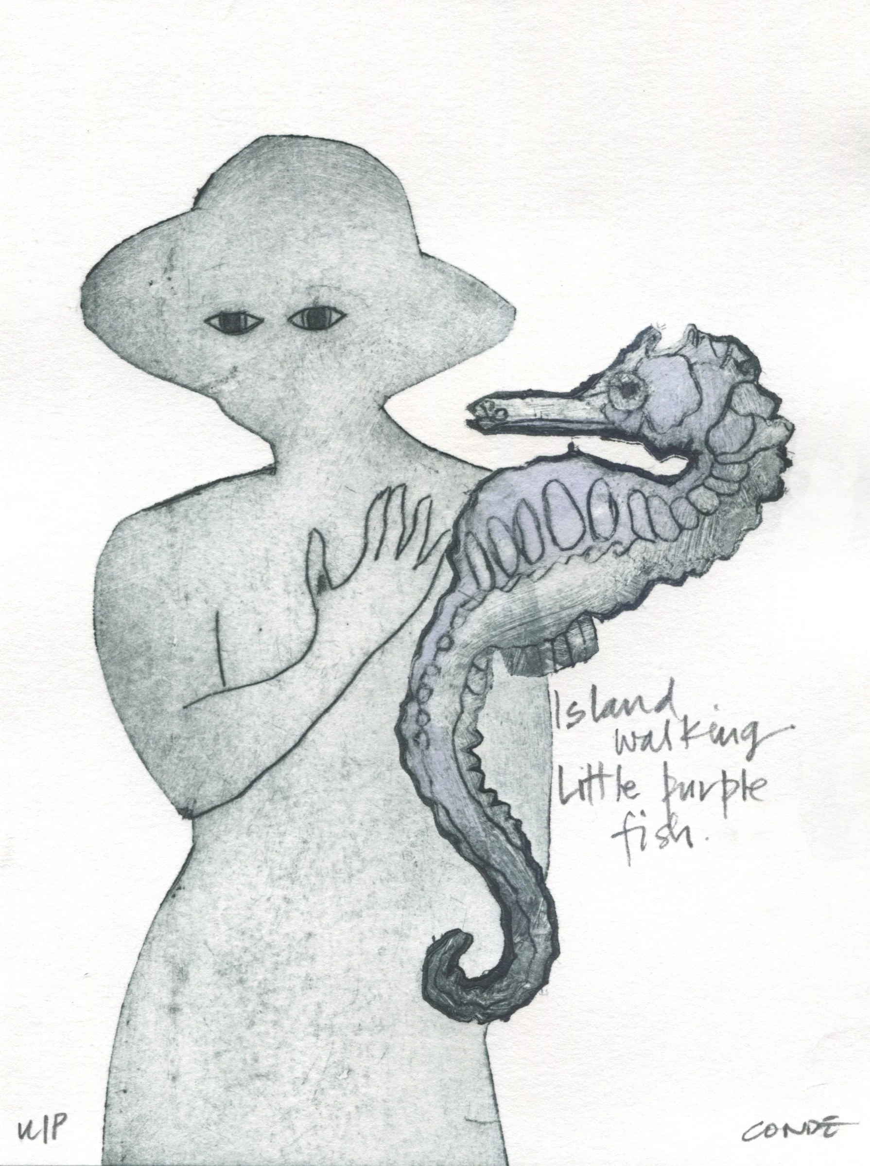 'Island Walking, Little Purple Fish' - Drypoint Etching of a favourite seahorse 15 x 21cm