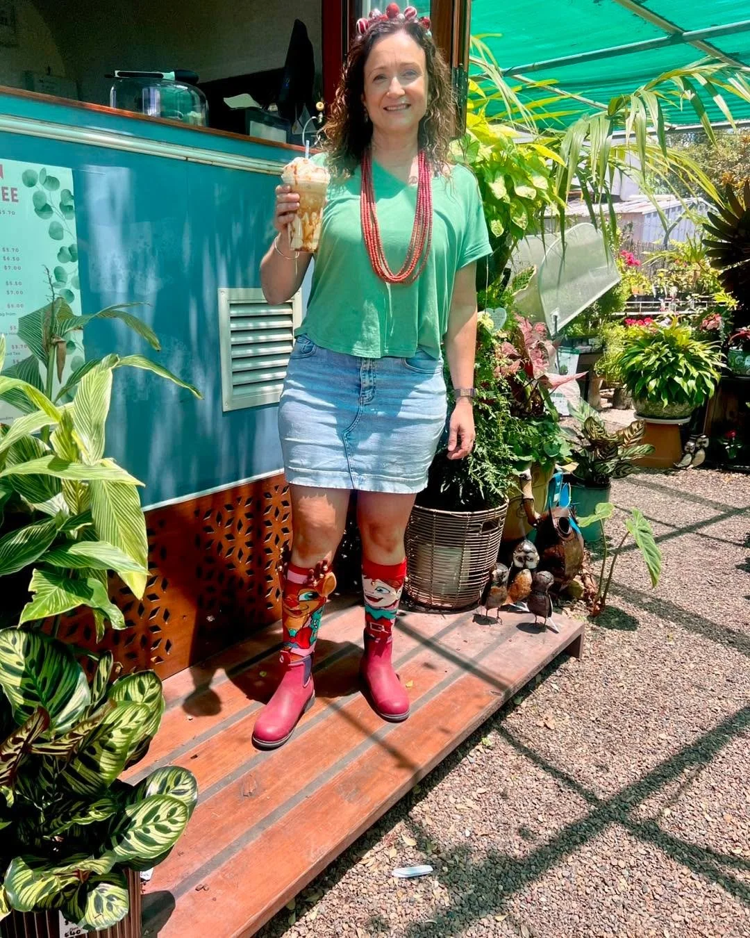 She outdid me! Her leg decorations are jingle bells! 

Barista Babe brings it all to the table! Coffee, Smiles and Jingles! 

Now it&rsquo;s not all about the outfits we do have plants too!