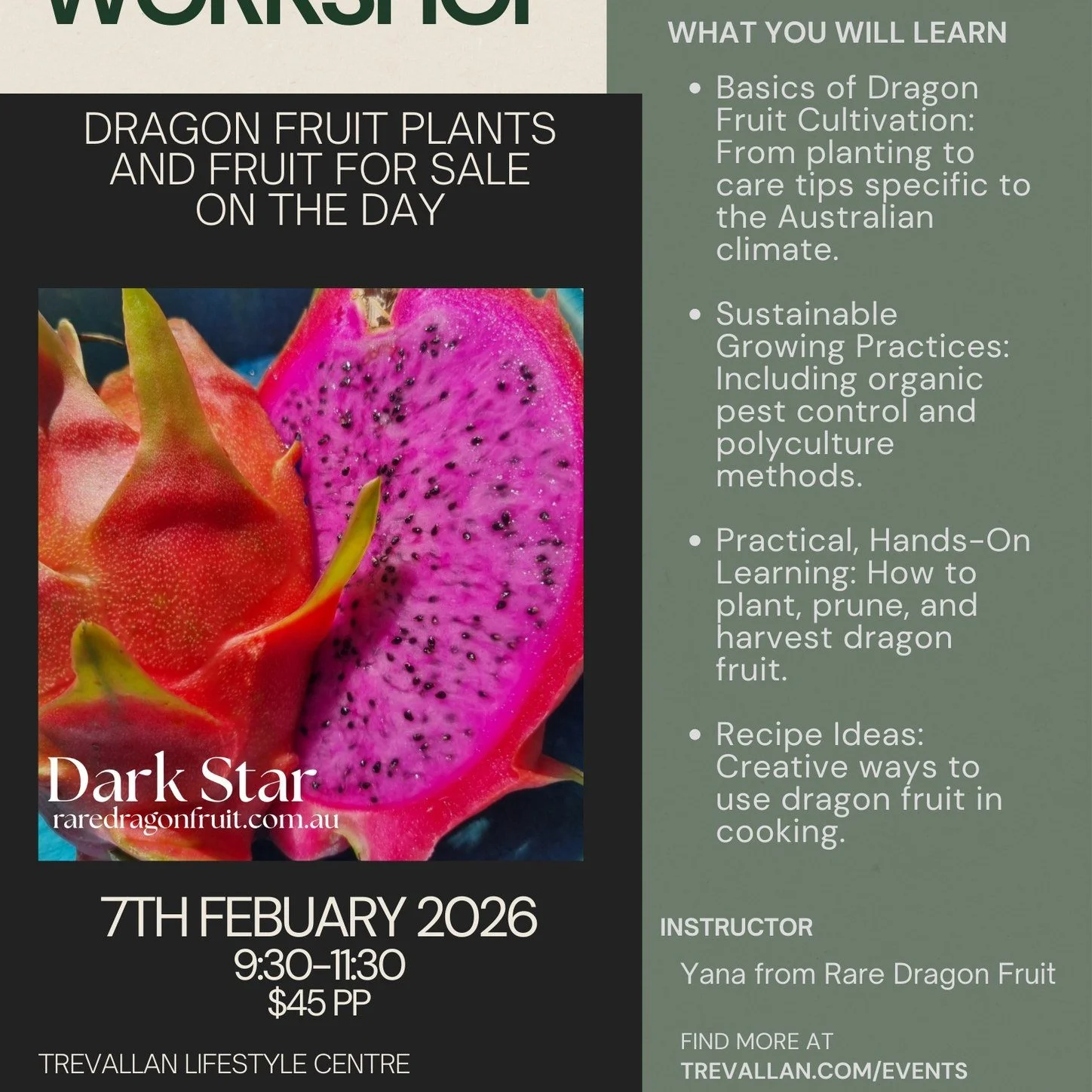 BUY Dragon Fruit straight from the Farm at Trevallan on Saturday 7th February.

We have special guest Yana from Rare Dragon Fruit here leading her Dragon Fruit workshop and you get to buy Fresh Dragon Fruit and Dragon Fruit Plants!

Attend the Worksh