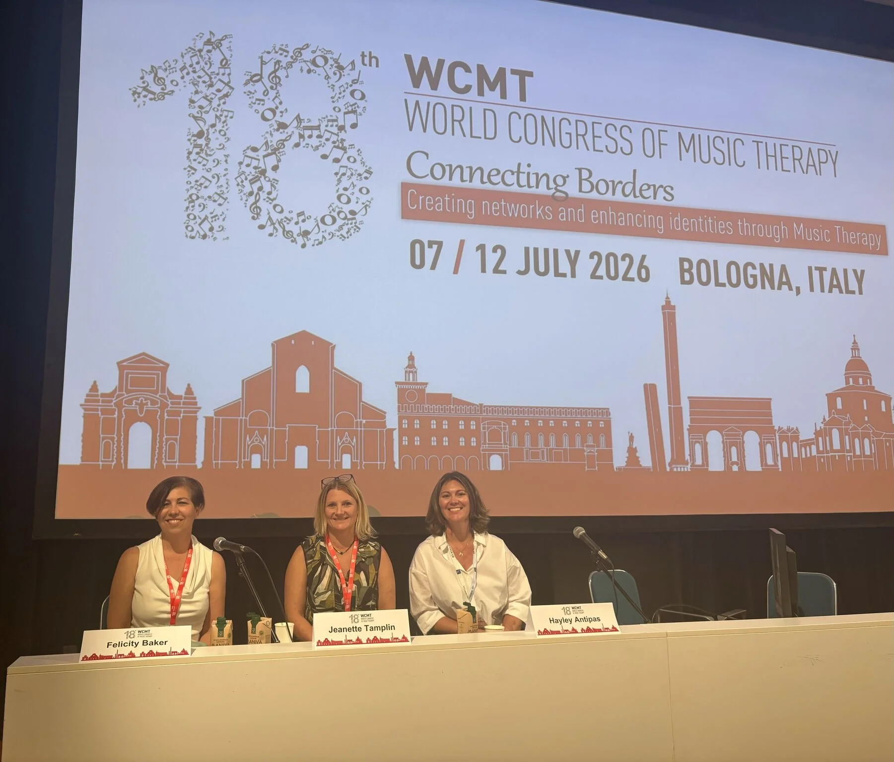 Three music therapy researchers presenting at the World Congress of Music Therapy in Bologna, 2026 on Music Attuned Technology for Care via eHealth