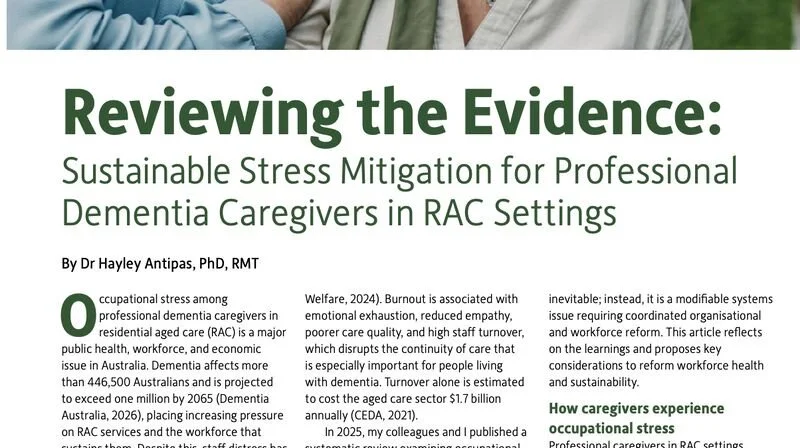 A document titled  'Reviewing the Evidence: Sustainable Stress Mitigation for Professional Dementia Caregivers in RAC Settings' by Dr. Hayley Antipas, PhD, RMT, with text discussing stress among dementia caregivers.