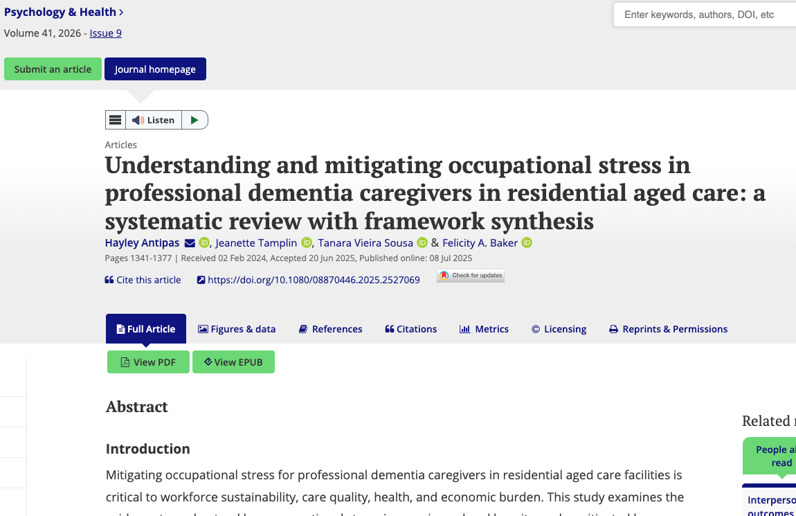 Screenshot of a journal article from Psychology & Health titled 'Understanding and mitigating occupational stress in professional dementia caregivers in residential aged care: a systematic review with framework synthesis,' with options to view PDF or EPUB and various tabs for data and references.