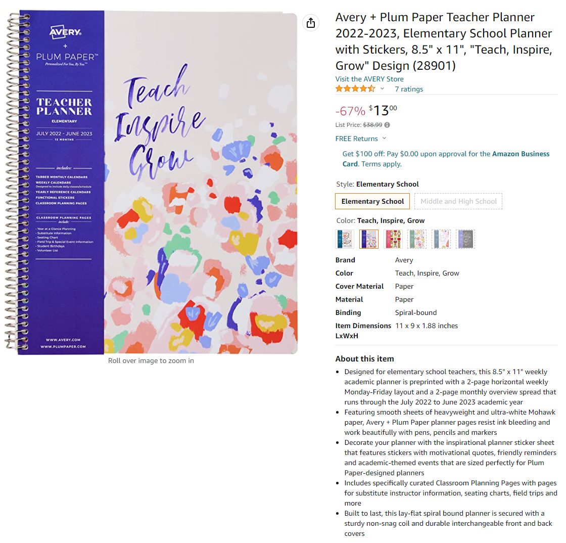 Avery + Plum Paper Teacher Planners - Amazon Product Page Copy