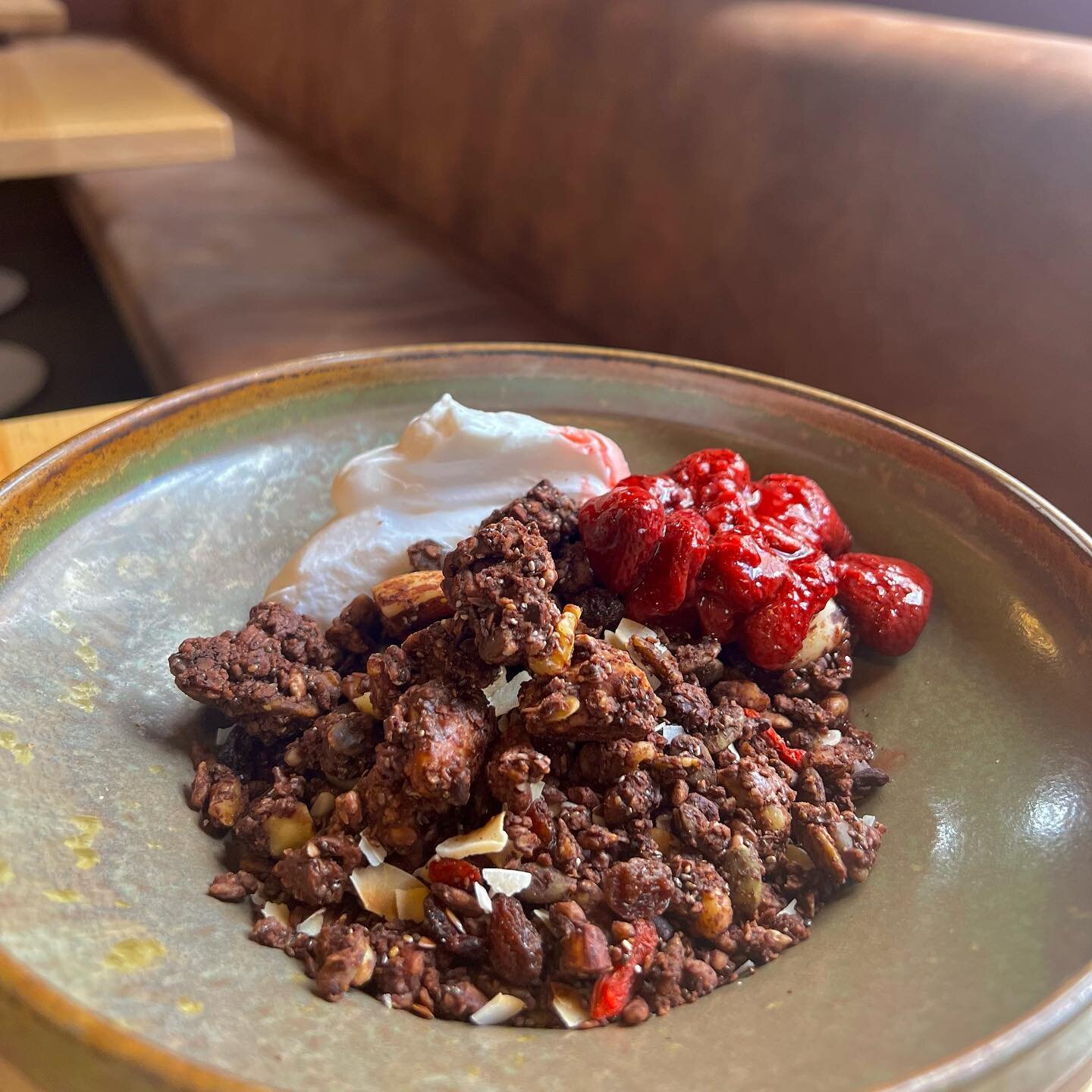 Our house baked cacao granola is an August Team favourite with crunchy whole nuts served with your choice of coconut or Greek yoghurt and added roast strawberries. Available on the breakfast menu till 11:30AM!