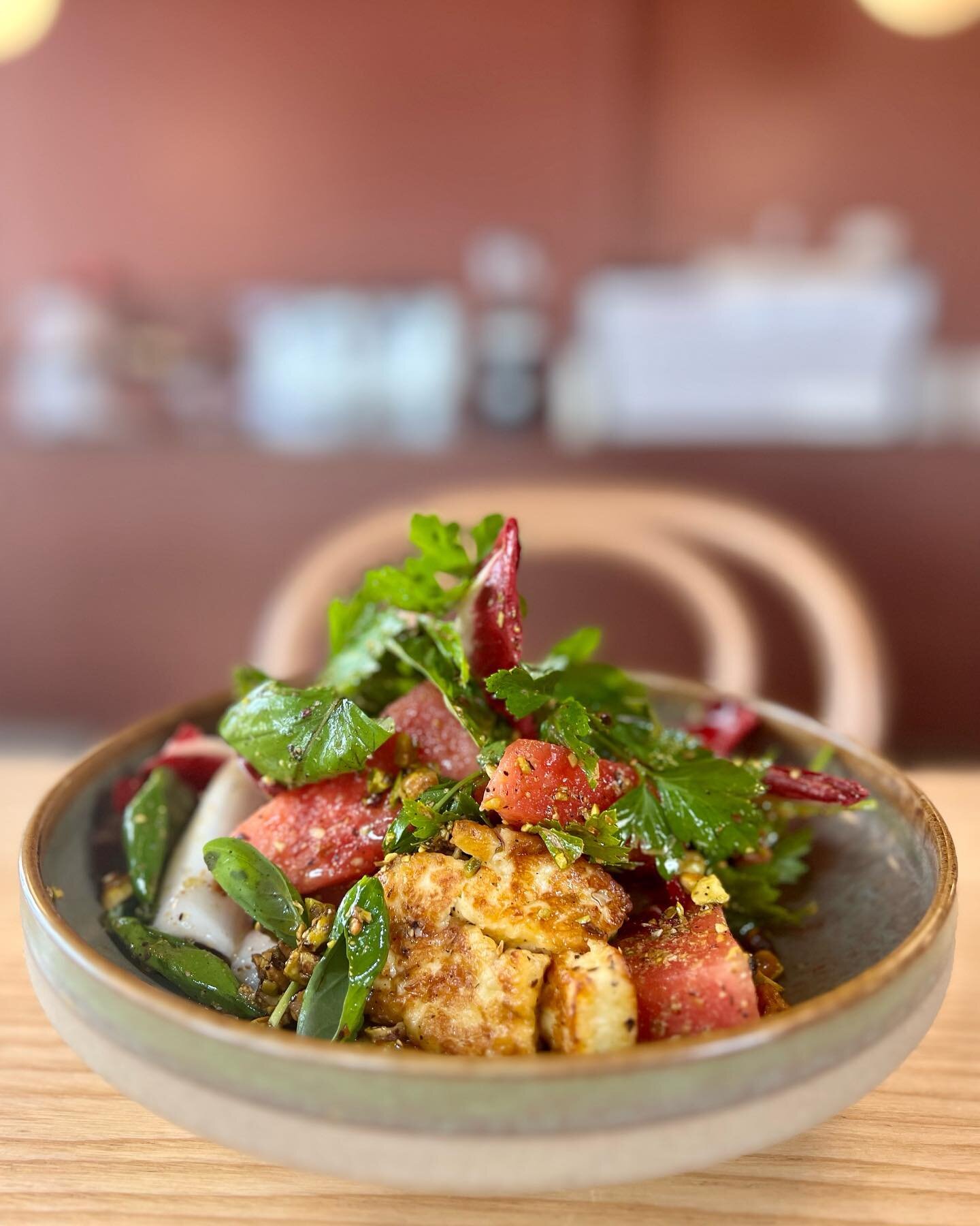 Halloumi salad perfectly balanced with the refreshing slices of watermelon, the crisp crunch of witlof and sprinkling of pistachios.