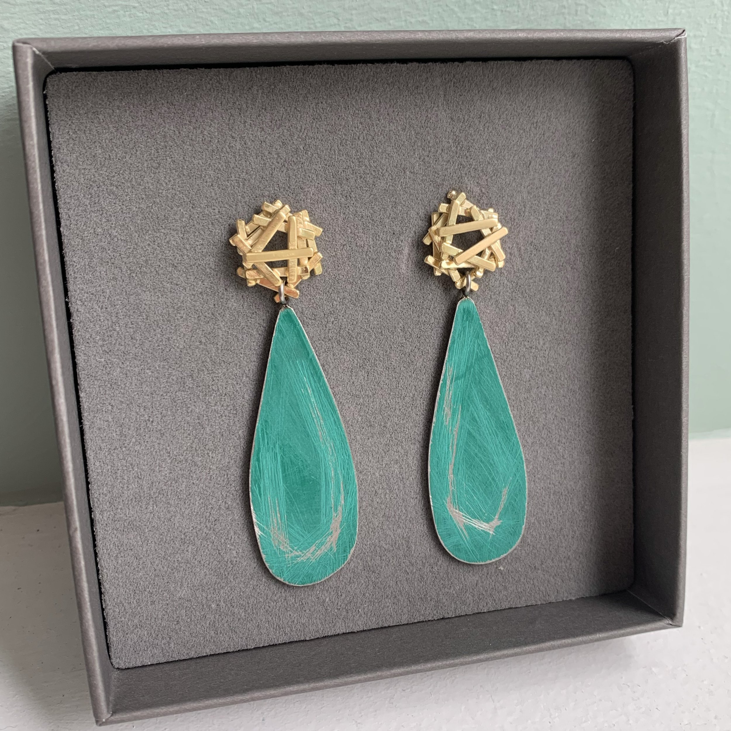 18ct gold plated silver earrings with creel green teardrop