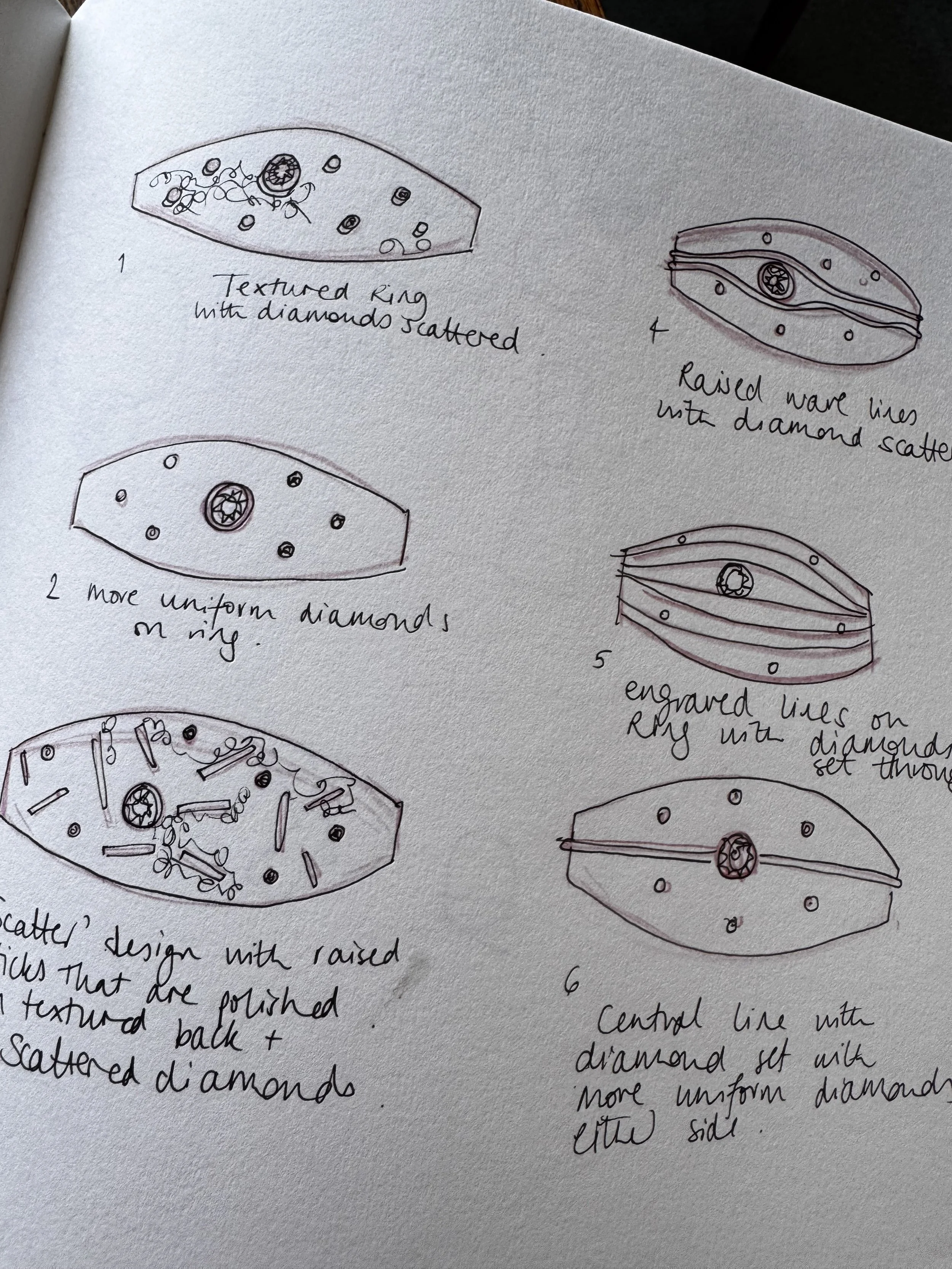 Hand-drawn sketches of various decorated oval-shaped rings with labeled descriptions such as textured with diamonds, raised lines with diamonds, engraved lines on raised rings with diamonds, and central line with diamonds, accompanied by handwritten notes describing the designs.