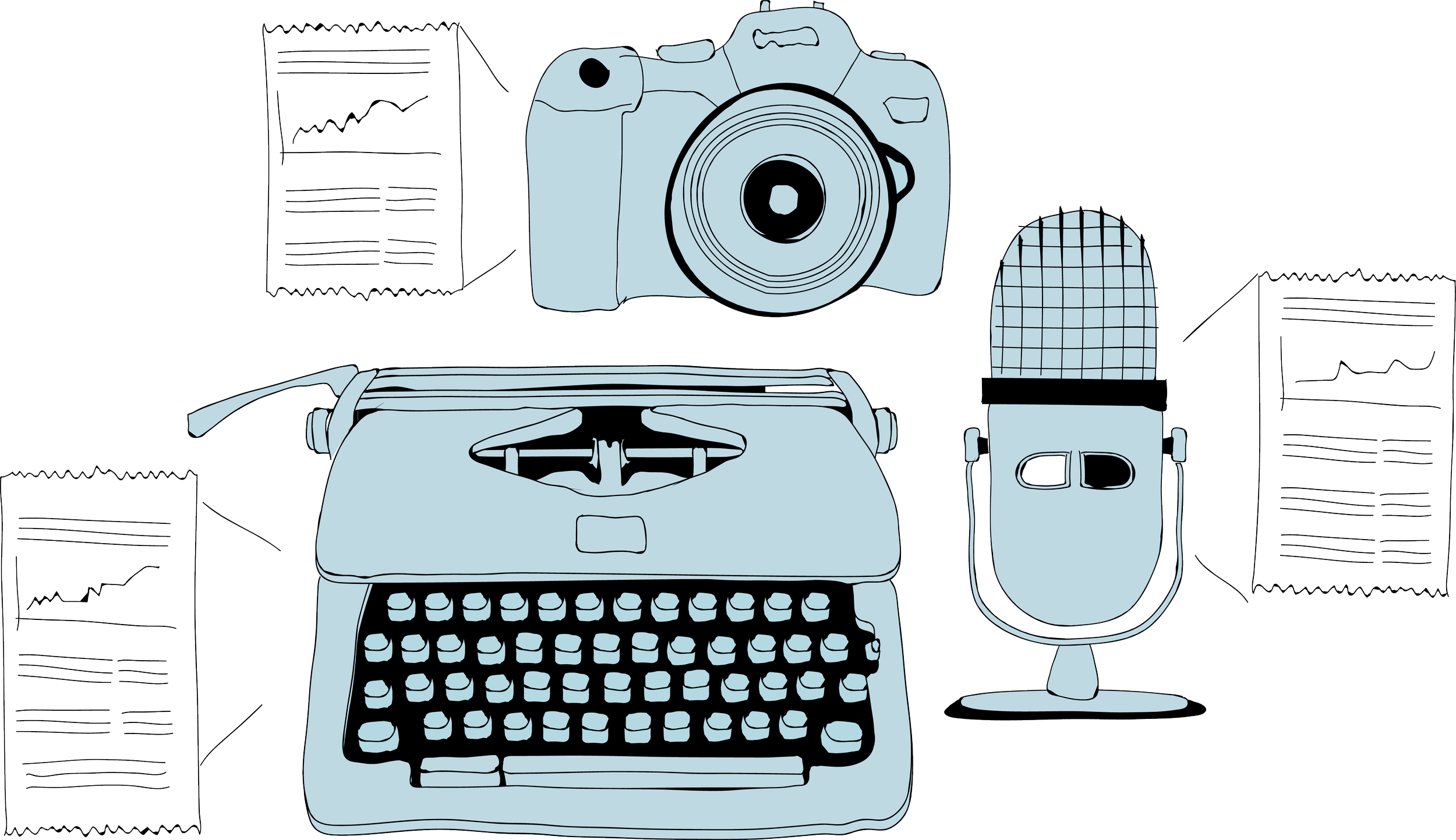 A typewriter, camera, microphone, and reports represent content creation and analysis.