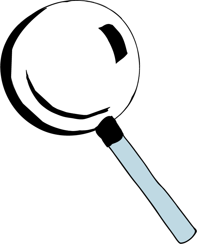 A blue-handled magnifying glass enlarges a search area.