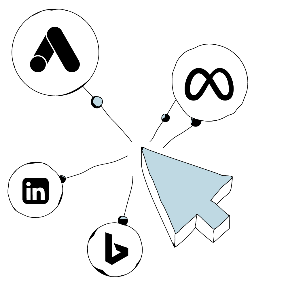 Dreamdata Ad targeting. An illustration of a click that leads datapoints to different ad platforms like Google Ads, LinkedIn, Meta and Bing.