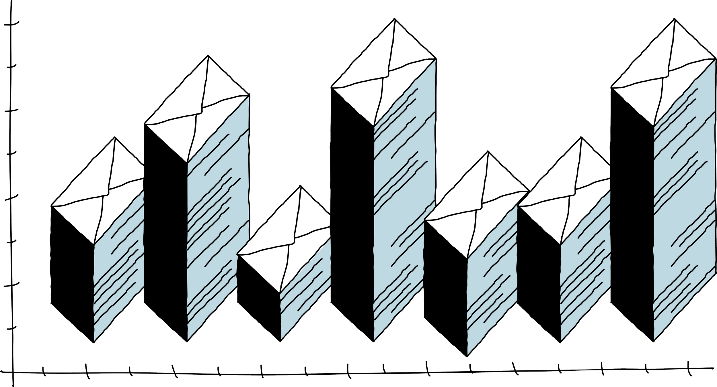 Envelope-shaped bars of varying heights form a chart beside a report easel.