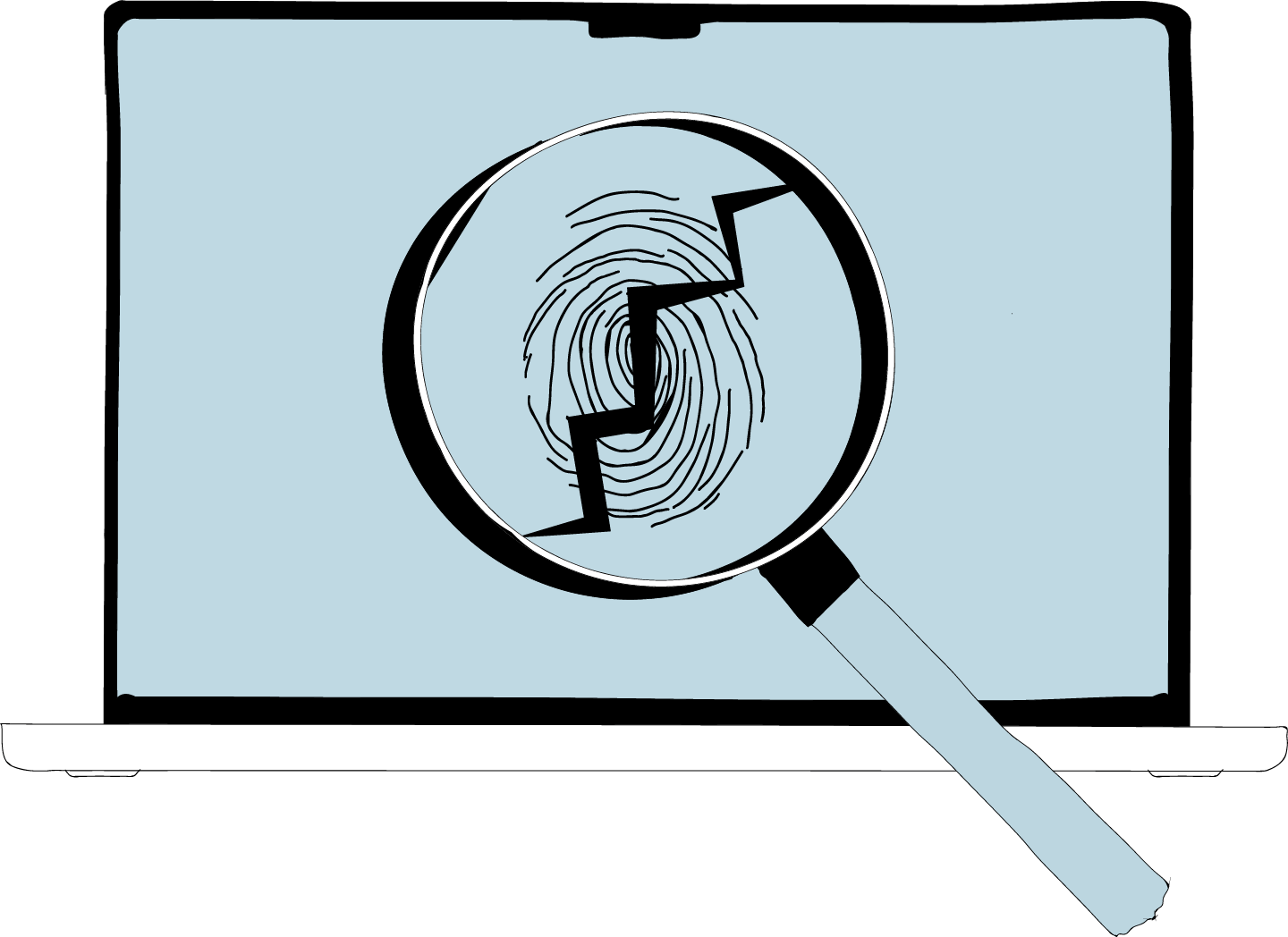 A magnifying glass enlarges a fingerprint-shaped data trail on a laptop screen.