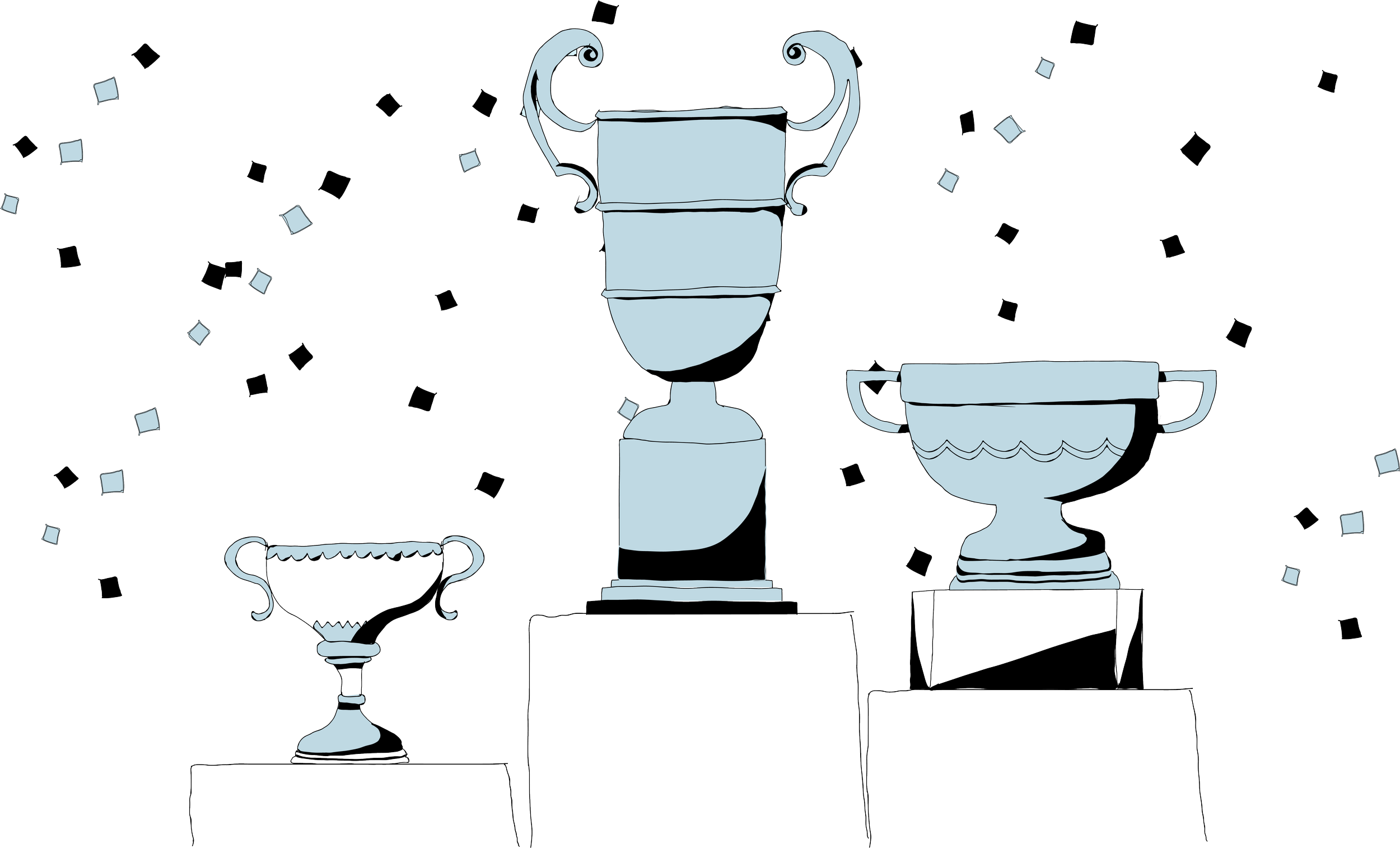 Three pale blue trophies on podiums surrounded by confetti, illustrating sales wins.