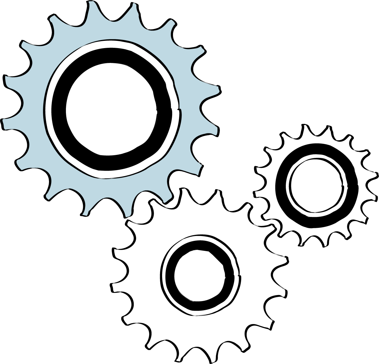 Three interlocking gears of different sizes form a connected mechanism.