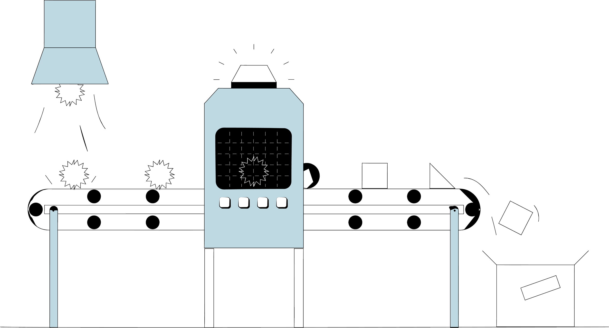 A conveyor carries shapes through a central machine and into an output box.