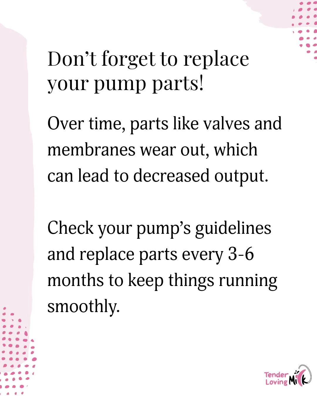 Not getting as much milk lately?

It might be time to replace your pump parts. Worn-out valves = less output. Swap them every 3&ndash;6 months to keep the milk flowing =)

#pumpingtips #breastfeedingsupport #pumpcare #tenderlovingmilk #lactationhelps