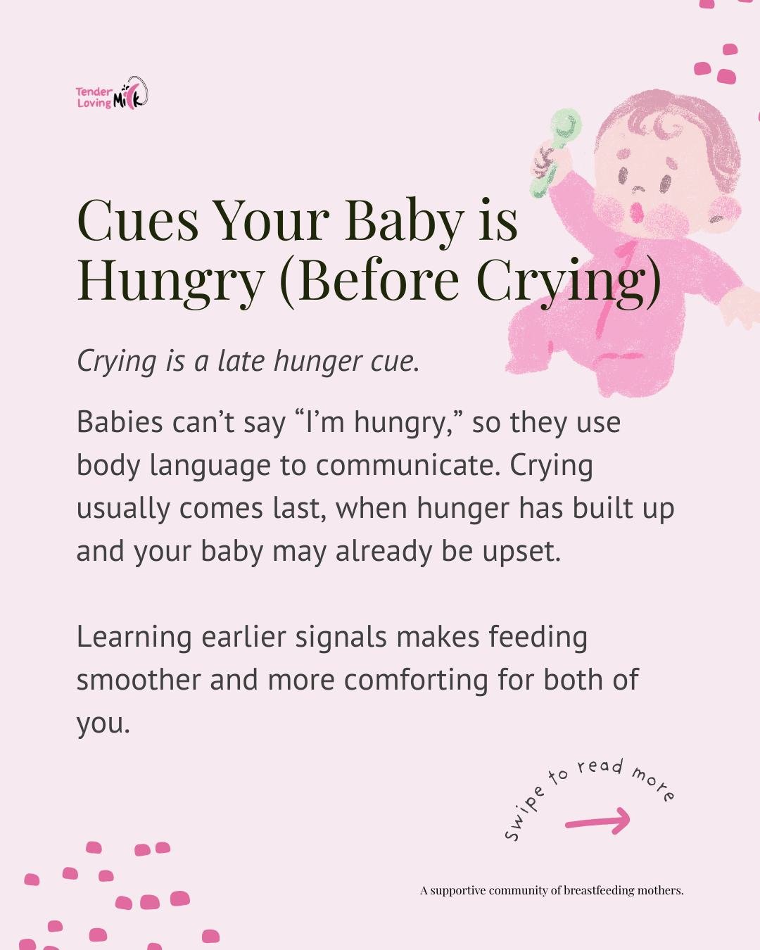 Babies speak with their bodies long before they cry.
Early hunger cues are their gentle whispers:

👄 Rooting or turning their head
✋ Sucking on hands or fingers
💋 Lip smacking or sucking sounds

When you respond to these early signs, feeding is cal
