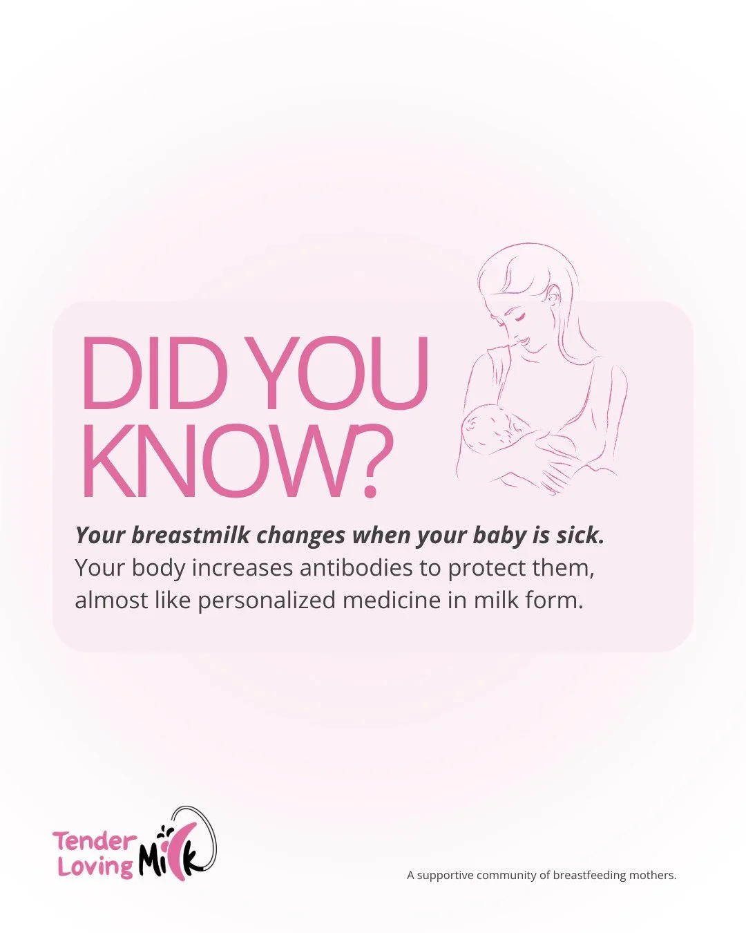 Breastmilk is truly incredible, it responds to your baby in real time.

When your little one is fighting off a virus or feeling unwell, your body receives signals through their saliva during feeding. This triggers your milk to increase antibodies and